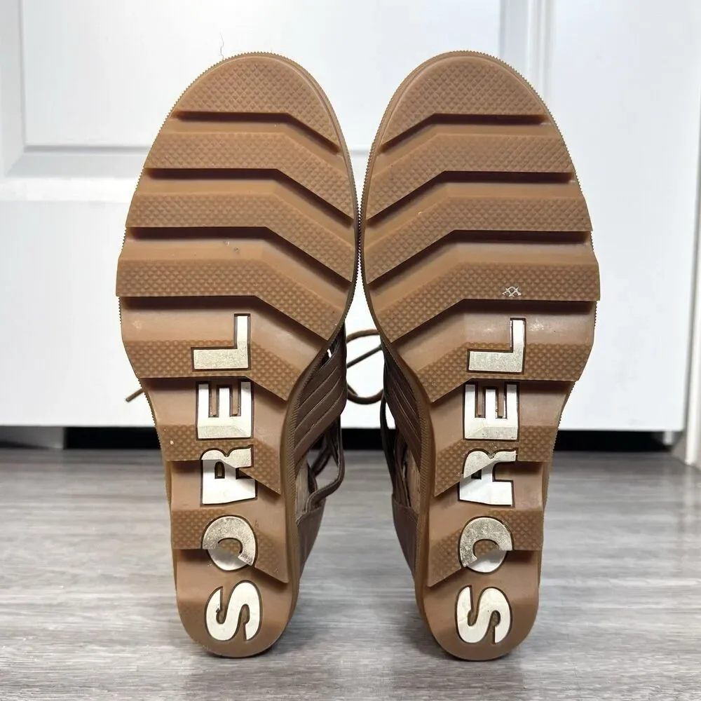Sorel Joanie II Lace Huarache Wedge Sandal Size 10.5 Brown Leather Strappy